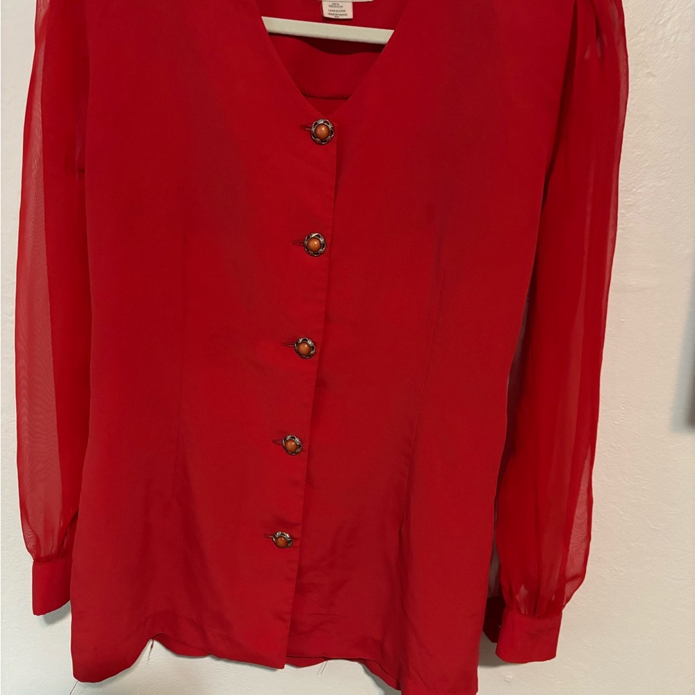 Eileen Fisher Red V-Neck Button Blouse